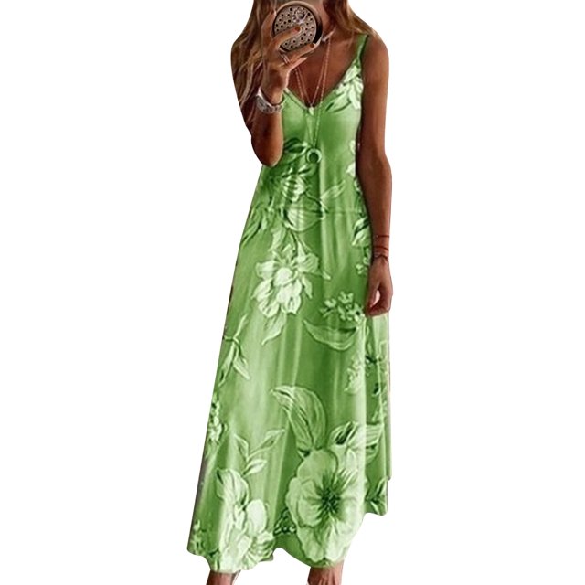 Bellella Robe Trapèze Sans Manches à Bretelles Col en V Longue Robe Maxi Sexy Imprimé Floral Quotidien Vert m