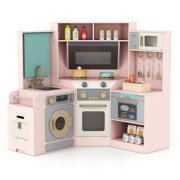 Patiojoy Corner Wooden Play Kitchen with Real Lights & Sounds Pretend Kids Kitchen Playset with Trash Bin Pink