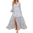 thumbnail image 1 of Faithtur Women's Flower Print Long Dress Ruffled Long Sleeve V-Neck Slit A-Line Flowy Dress for Beach, Party, 1 of 8