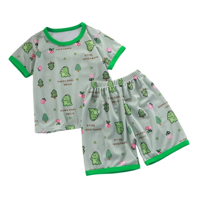 PMVFHDE Ensemble T-Shirt à Manches Courtes et Shorts Imprimé Dessin Animé pour Garçons, Col Rond Mignon avec Pantalon Assorti Tenue Décontractée pour Temps Chaud 2 Pcs Z25024A-Vert, 5-6 Ans
