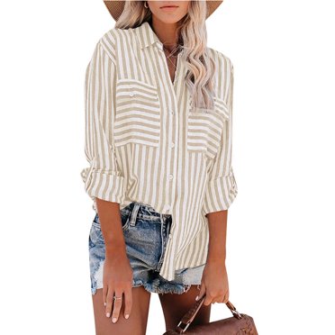 DPTALR Hauts pour Femmes à Rayures Imprimées Chemise à Simple Boutonnage à Manches Longues Hauts en Coton et Lin