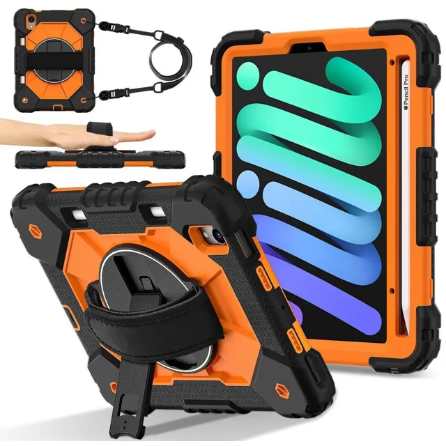 Case for iPad Mini 7 A17 Pro 2024 / iPad Mini 6 2021 8.3 Inch with Rotating Stand Pencil Holder Hand/Shoulder Strap, Heavy Duty Shockproof Protective Cover for iPad Mini 7th/6th Generation 8.3"