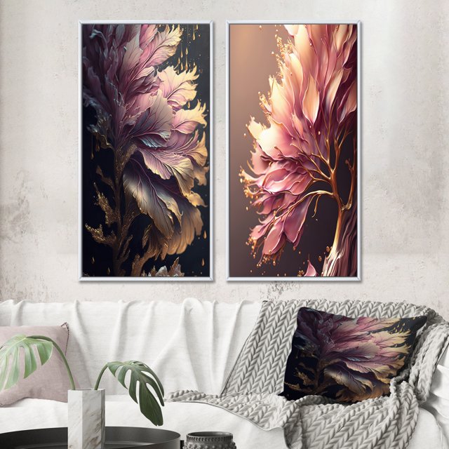 Designart "Pink and Gold Abstract Leaf Design III" Leaves Framed Wall Art Set Of 2 - Blue Floral Frame Gallery Set For Office Decor