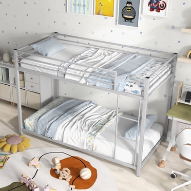 Gymax Twin Over Twin Low Metal Bunk Bed with Ladder Guardrails for Teens Adults Silver