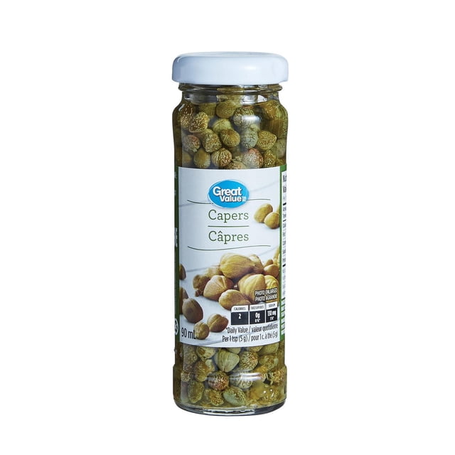 Great Value Capers in a 90 ml clear glass jar with a white lid, containing small green capers in brine, labeled in English and French, ideal as a pantry condiment or pickle topping, often used to enhance flavour in recipes.