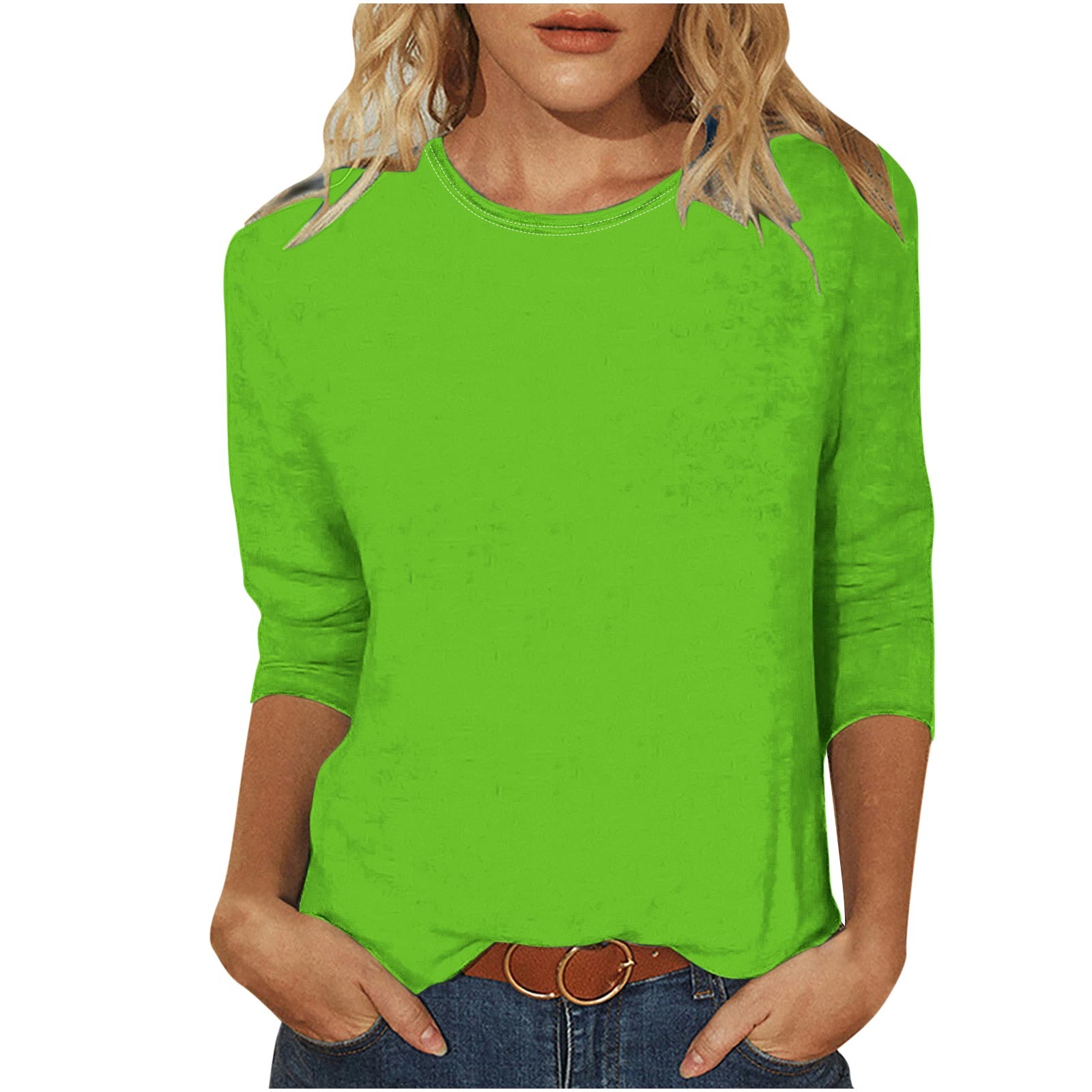Timegard Womens Tops Summer Crewneck 3/4 Sleeve Comfy Solid Color Basic Tshirts Casual Loose Tops Blouses