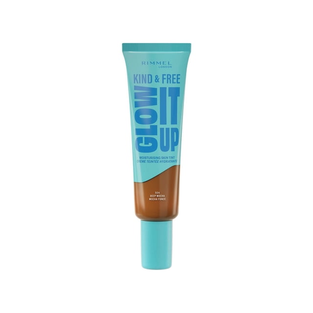 Kind & Free Glow It Up Moisturising Skin Tint by Rimmel London in shade 504 Deep Mocha, a turquoise squeezable tube with bold blue text, providing a lightweight tinted moisturizer that soothes sensitive skin, blurs imperfections, reduces redness, and delivers all-day hydration and a healthy glow.