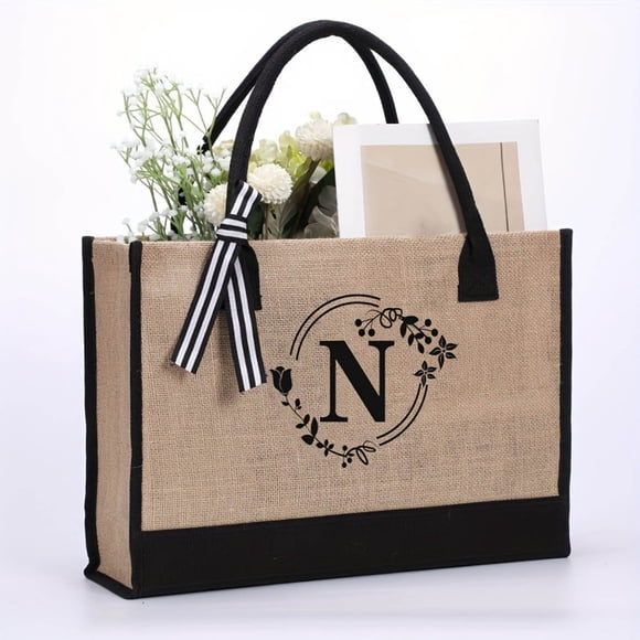 YOOLIFE Initials Jute Tote Bag And Cosmetic Bag Beach Tote Bag With Zipper Pocket Adjustable Strap Birthday Gift For Women