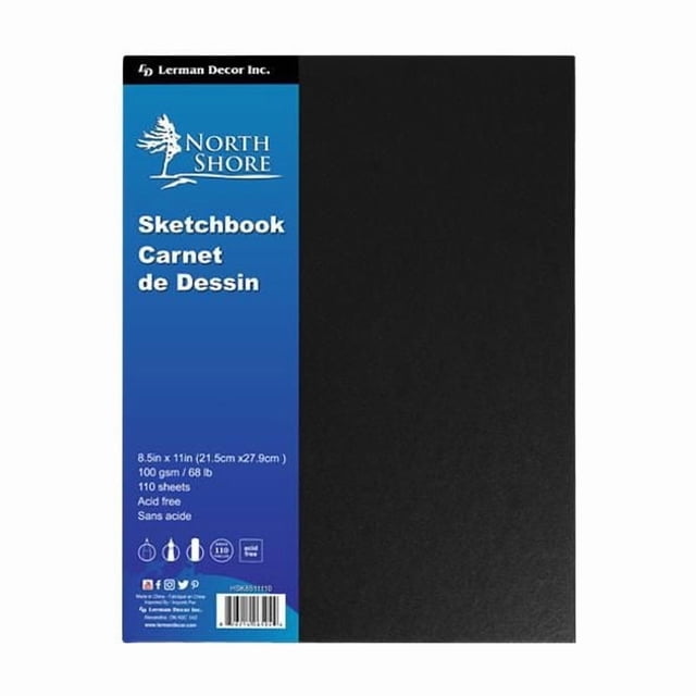North Shore's sketchbook 8.5" x 11" with black hard cover and blue label showing 110 acid-free sheets with smooth surface, 68 lb paper weight, ideal for pencil, pen, charcoal, and crayon drawing, suitable for all skill levels.