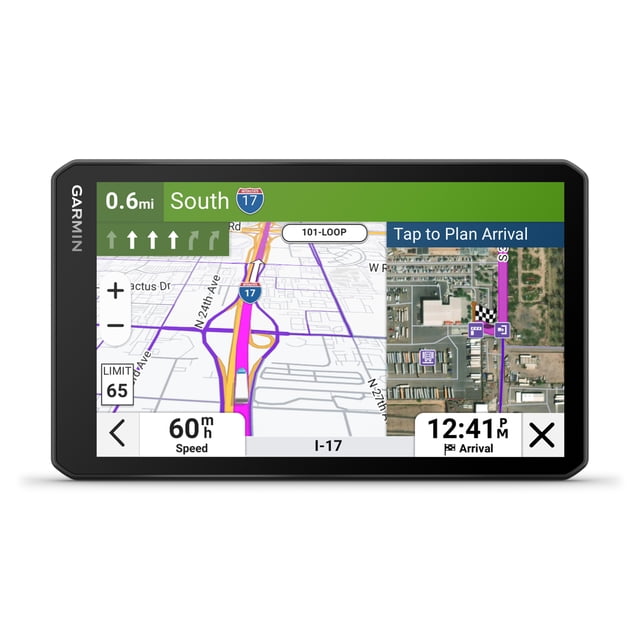 Garmin DēzlTM OTR720 Navigateur de Camion GPS à Écran 7 Po - Noir, Écran Tactile avant de 7 Pouces sur un Tableau de Bord de Véhicule Affichant une Carte d'Acheminement de Camion avec des Alertes de Hauteur de Pont et de Vitesse du Vent, Localisateur de Pèse-Personne et Épingles de Stationnement de Camion, Lunette Noire Mate et widgets dēzl à l'Écran; Convient à la Planification d'Itinéraires de VR.