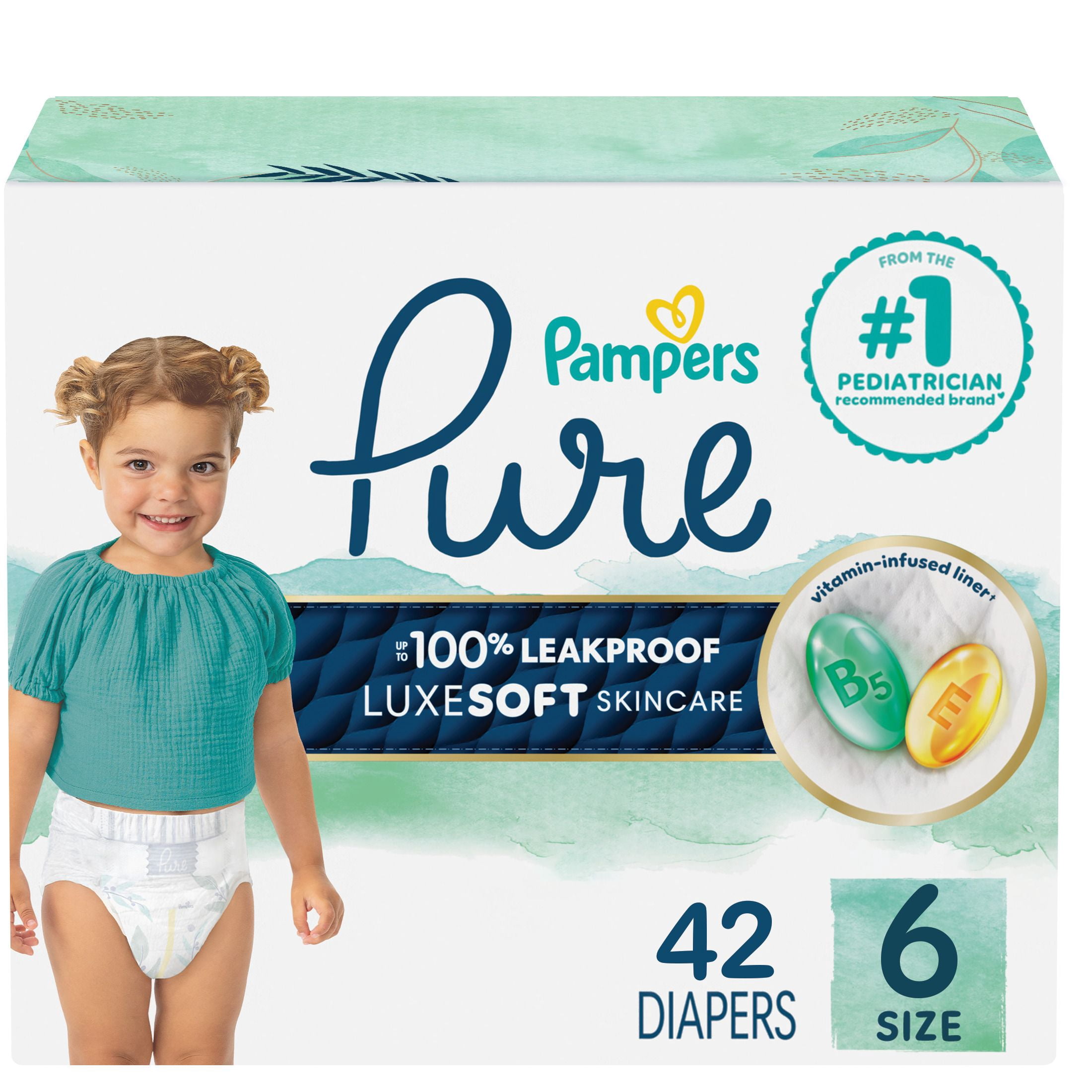 Pampers Pure Couches pour Bébés, Taille 6 (35+ lbs), 42, jusqu'à 100 % Anti-Fuites, Couches Douces Hypoallergéniques de Qualité Supérieure