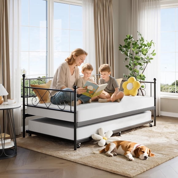 Memoryfield Metal Twin Size Daybed with Trundle, Sturdy Metal Day Bed with Steel Slat Support, for Living Room, Bedroom and Guest Room, Black
