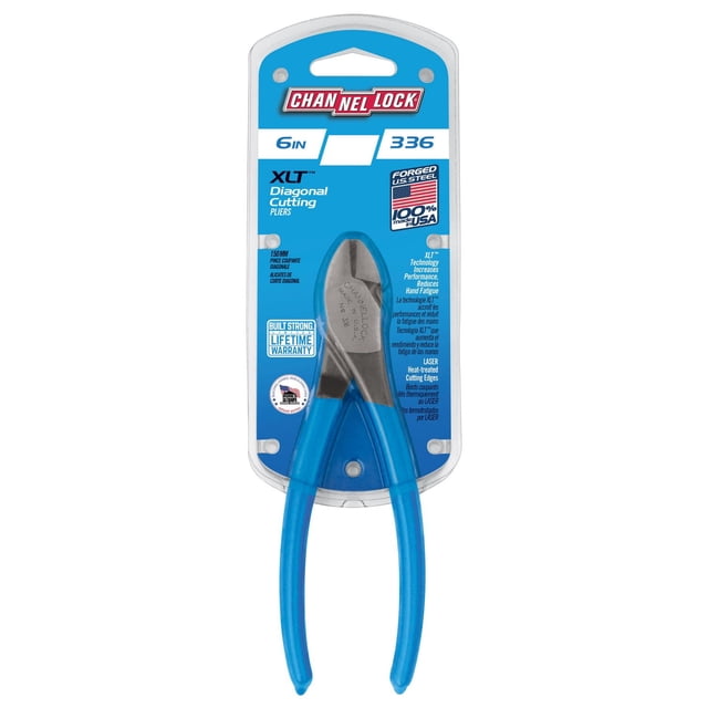 CHANNELLOCK 6” HL Diagonal Cutting Plier with blue grips in retail blister packaging, forged from high carbon U.S. steel with laser heat-treated cutting edges and XLT technology to reduce hand fatigue, made in USA with lifetime warranty.
