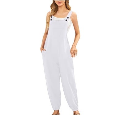 HAiming Women's Cotton Overalls Casual Loose Button Jumpsuits Adjustable Straps Wide Leg Rompers with Pockets