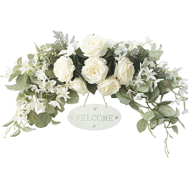 ORUYROP 30 Inch Decorative Floral Swag,Spring Rose Swag with Green Leaves and Welcome Sign,Artificial Floral Swag for Lintel Wedding Arch Home Party Garden Decor