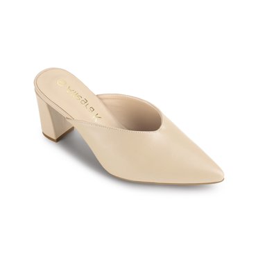 BLISSFUL STEP Women's Pointed Toe Chunky Slides Mules Beige 8