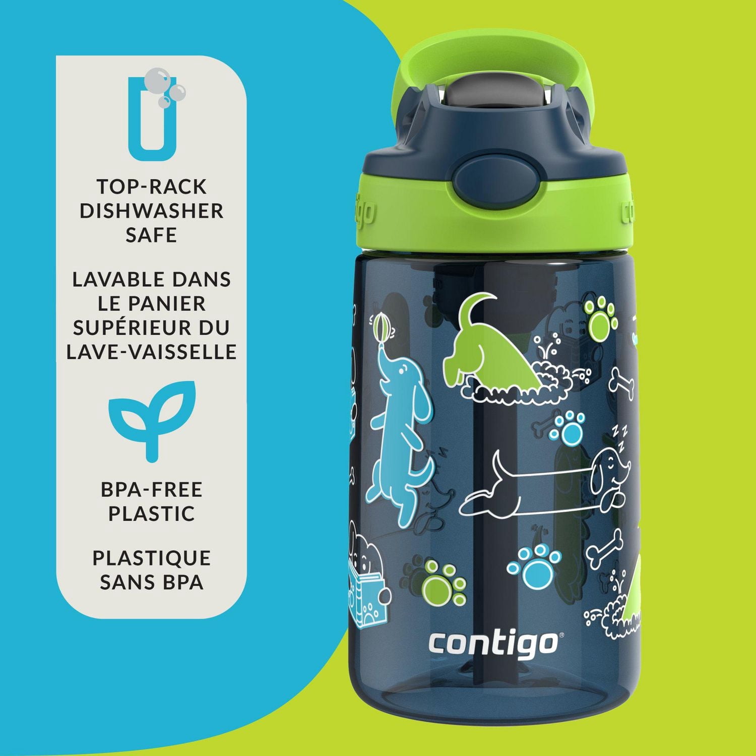 Contigo Kids Aubrey Water Bottle with Autospout Lid, Blueberry Cool Lime with Dogs, BPA-Free