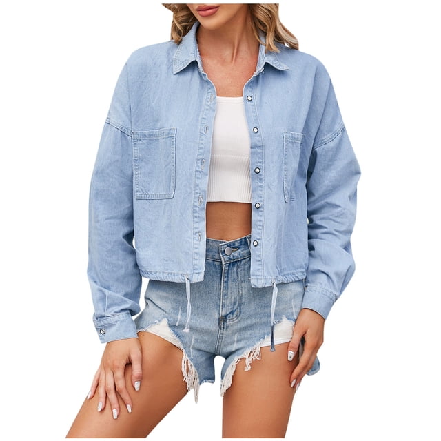 FAIWAD Women's Denim Jacket Long Sleeve Cropped Plus Size Vintage Button Down Loose Jeans Short Coat