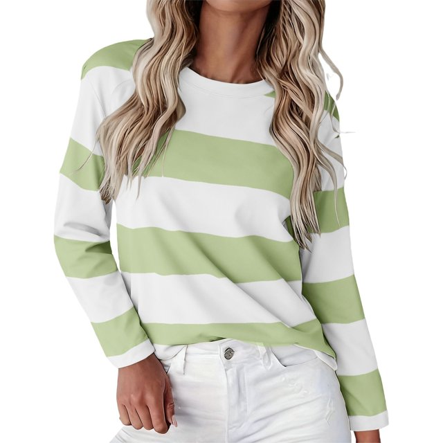 ManxiVoo T-Shirt à Manches Longues pour Femme à Rayures Imprimées, Col Rond, Confortable, T-Shirt Graphique d'Automne, Blouse Légère, Taille P, Vert Menthe