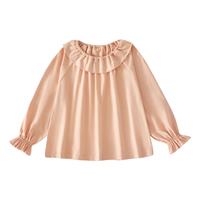 Besolor Baby Girls Fall Shirts Puff Sleeve Cute Ruffle Collar Tops Toddler Solid Color Comfy Cotton Undershirts