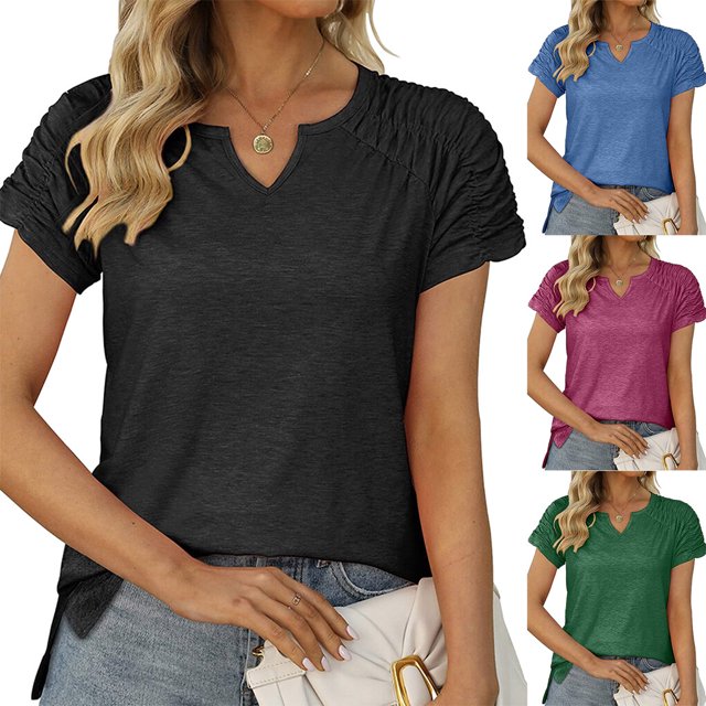 pitrice Summer Pleated Short Sleeve Solid Color Splicing V Neck T-Shirt Casual Basic Tops Female Shirts Daily Tees for Silver XXL