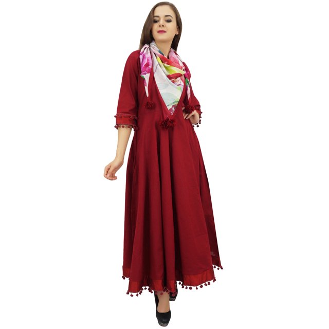 Bimba Robe Anarkali Classique Évasée en Coton Bordeaux avec Pompons et Foulard - 16
