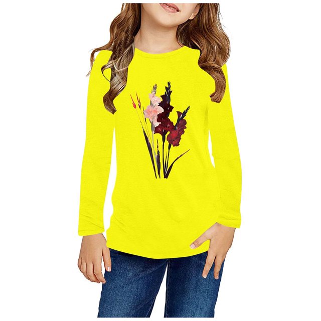 RXIRUCGD Chemises à Manches Longues pour Filles Imprimés Mignons Col Rond Hauts Blouses Décontractées Habillées Vêtements (Jaune, Taille:11 Ans)