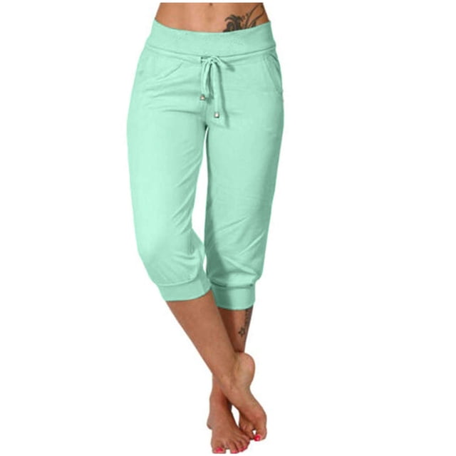 Joggers Raccourcis Femmes Pantalon Court Jambe Échancrée Grande Taille Polyester Pantalons Raccourcis pour Dames Pantalons Capris Style C-87 Vert TTG