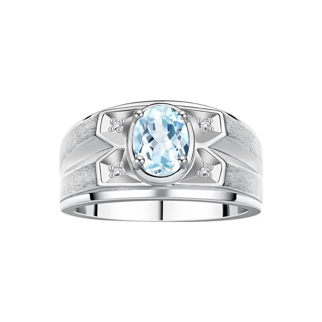 RYLOS Men's Rings Sterling Silver Rings Classic Designer Style 8X6MM Oval Gemstone & Diamond Ring Aquamarine March Birthstone Rings For Men, Size 8