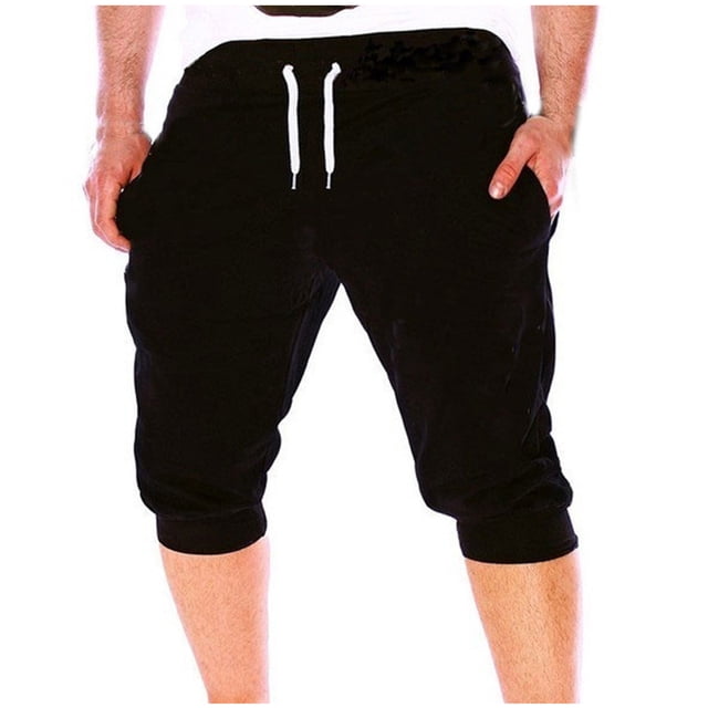 Posijego Men's Capri Joggers Drawstring Elastic Waist Sports Running Shorts Solid Color Casual Shorts