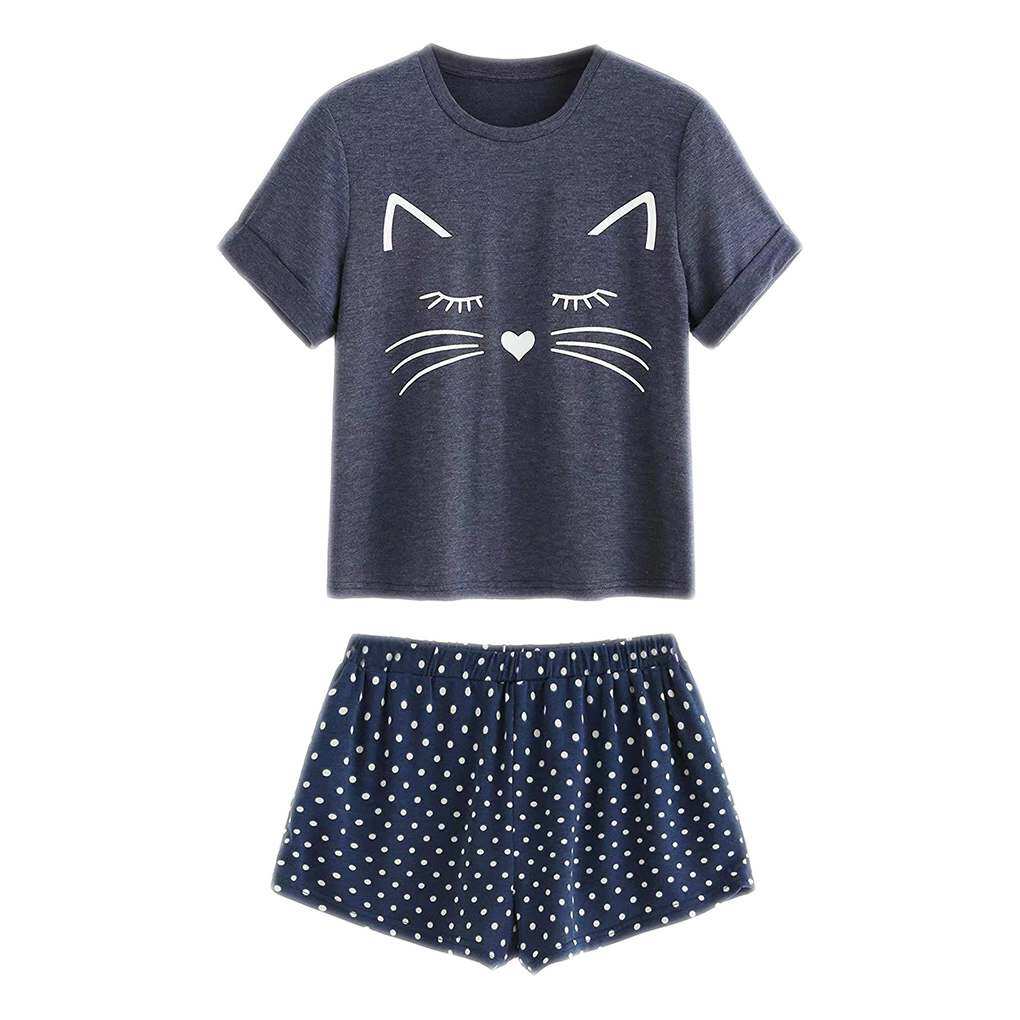 Maoww Pyjama Décontracté pour Femmes Ensemble de Nuit Manches Courtes Haut et Shorts Dessin Animé