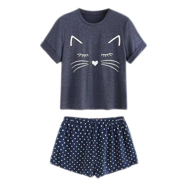 Maoww Pyjama Décontracté pour Femmes Ensemble de Nuit Manches Courtes Haut et Shorts Dessin Animé