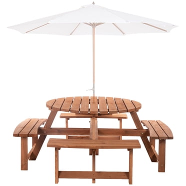 Outsunny Wooden Patio Dining Set, Outdoor Table and Benches Set, Brown
