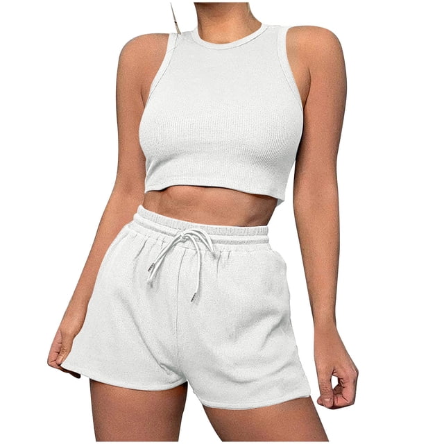 ShomPort Womens 2PC Matching Set Sleeveless Round Collar Crop Tops High Elastic Waisted Drawstring Shorts Comfort Athletic Outfits