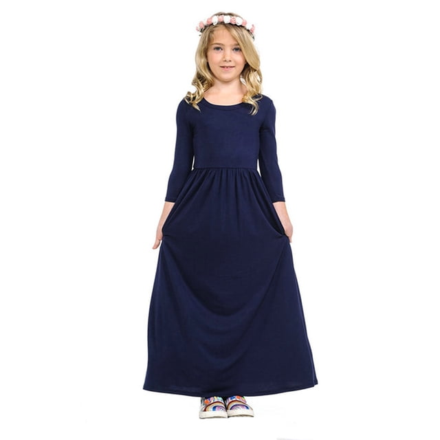 PMVFHDE Robe Longue Maxi de Fille à Manches Longues, Unie, Ample, Décontractée, Vacances, Printemps, avec Poches, 4-12 Ans, Bleu Foncé, 2-3 Ans