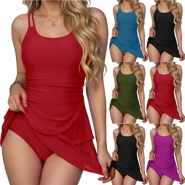 ShomPort Maillots de Bain une-Pièce pour Femmes avec Jupe par-Dessus Sans Manches Robe de Bain Maillot d'Été