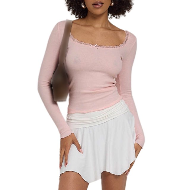 Gupgi Women Long Sleeve Crop Top Lace Trim Top Spring Slim Fit Basic Tops