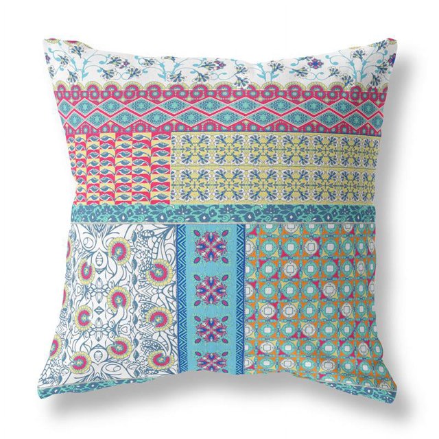 Flower Castle Patchwork Indoor/Outdoor Fabric Pillow with Zip -White Yellow 20"