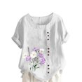 thumbnail image 3 of QATAINLAV Chemises en Lin et Coton pour Femmes Décontractées Amples à Manches Courtes Blouse Boutonnée Surdimensionnée à Col Rond Tunique Graphique T-Shirts Hauts d'Été de Plage Ventes Quotidiennes Blanc TTTG, 3 of 5