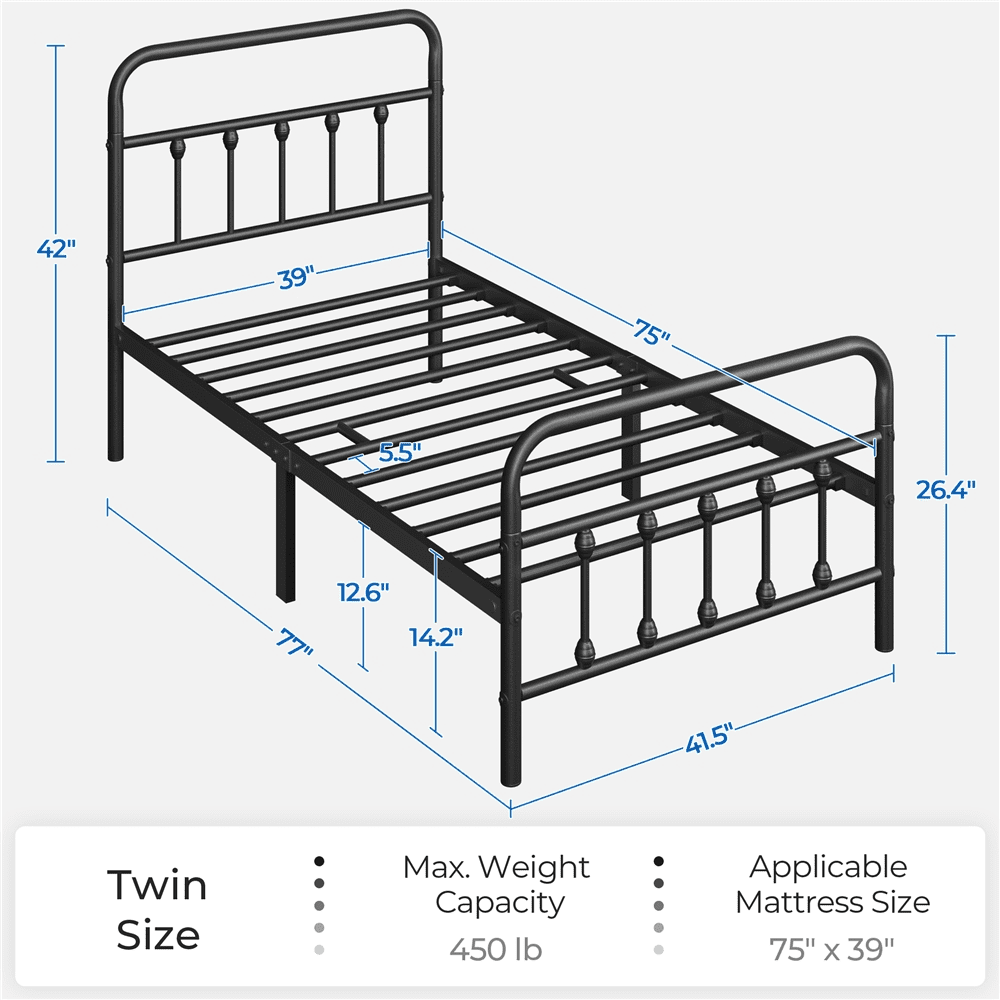 FullFurnique Metal Platform Bed with High Headboard and Footboard for Adults, Twin, Black