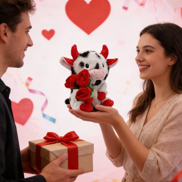 weibbin Valentine Spotted Calf Plush 6 Inch with Bouquet, Soft Stuffed Animal Doll, Romantic Home Decor for Gift