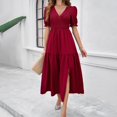 thumbnail image 1 of Pisexur Robe à Manches Courtes à Col en V Longueur Cheville Mode pour Femmes Automne Col en V Manches Courtes Couleur Unie Fente Robes Femmes Robes, 1 of 5