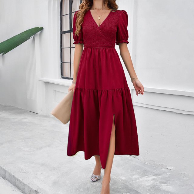Pisexur Robe à Manches Courtes à Col en V Longueur Cheville Mode pour Femmes Automne Col en V Manches Courtes Couleur Unie Fente Robes Femmes Robes