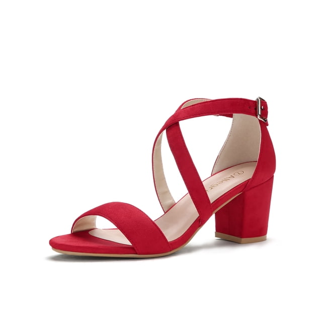 BLISSFUL STEP Women's Solid Color Open Toe Cross Strap Mid Chunky Heel Sandals