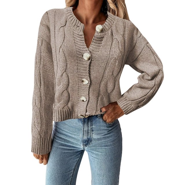 Women‘s Long Sleeve Open Front Cable Knit Crop Cardigans V Neck Button Sweaters with Pockets