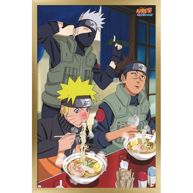 Naruto Shippuden - Food Wall Poster, 22.375" x 34" framed depicting anime characters Naruto Uzumaki and two others eating steaming ramen bowls with chopsticks inside a traditional Japanese-style room, ideal for decorating bedrooms, offices, or dorms.