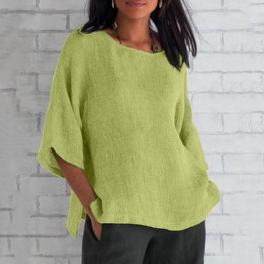 3/4 Sleeve Shirts For Women,Fashion Women New Style Cotton Linen Solid Color Shirts Loose Fit Crewneck Blouses Summer Casual Ladies Tops
