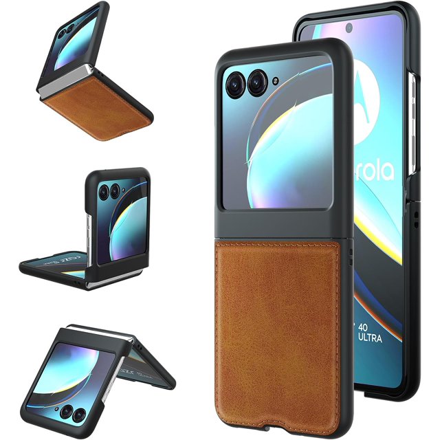 Motorola Moto Razr+ Plus / Razr 40 Ultra 2023 leather case by Phonesmart, featuring a slim shockproof hard PC shell with a PU synthetic leather back. The case is designed to protect the phone from daily wear, with raised bevels to safeguard the screen and precise cutouts for buttons, camera, speakers, and charging ports. Shown in a foldable design with a brown leather finish and black edges.