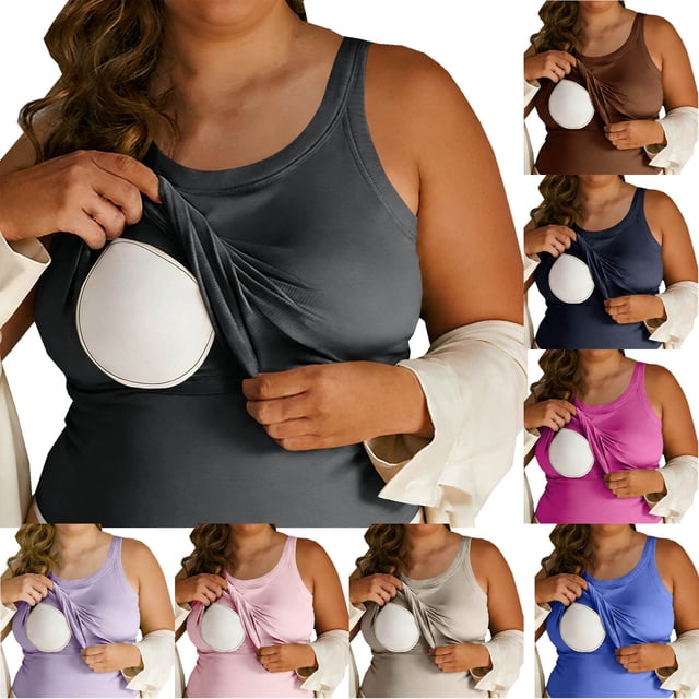RKSTN Tank Tops for Women Ribbed Plus Size Built in Bras Tank Top Trendy Solid Color Sleeveless Crew Neck Base layer Casual Shirts