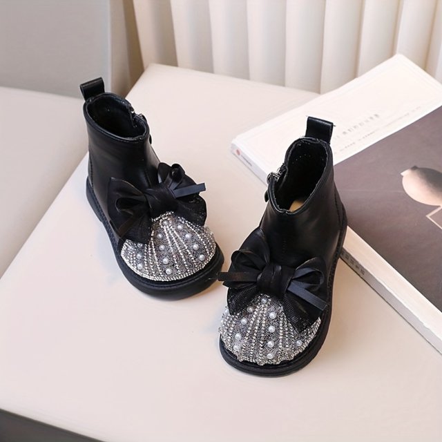LNGOOR Trendy Cute Solid Color Bowknot Pearl Rhinestone Decor Boots With Side Zipper For Girls Non-slip Warm Plus Fleece Boots For Autumn And Winter